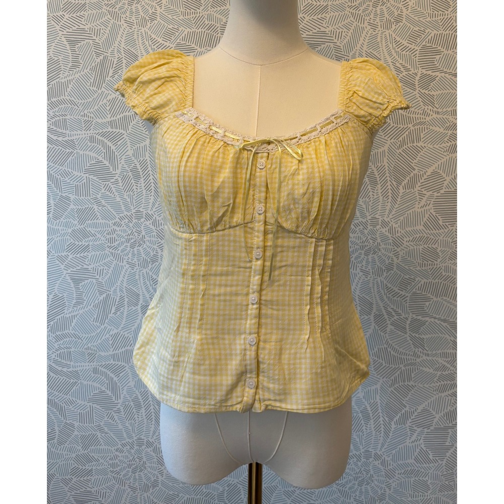 Hollister Yellow Gingham Plaid Milkmaid Top Lace Trim Smocked Back Ribbon Medium